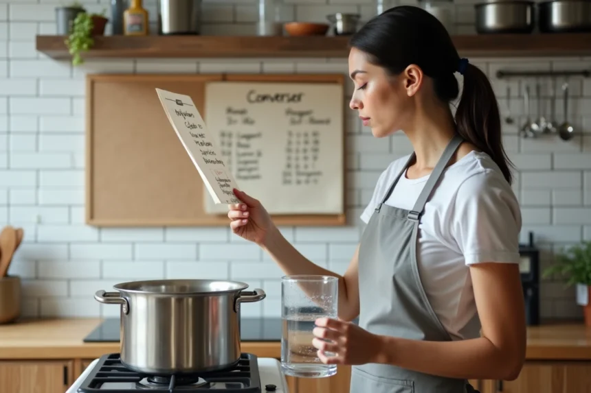 Femme en cuisine consultant un mémo de conversion mètre cube en litre affiché sur un tableau en liège