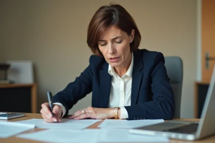 Femme consultant des documents d'indemnisation chômage dans un bureau administratif