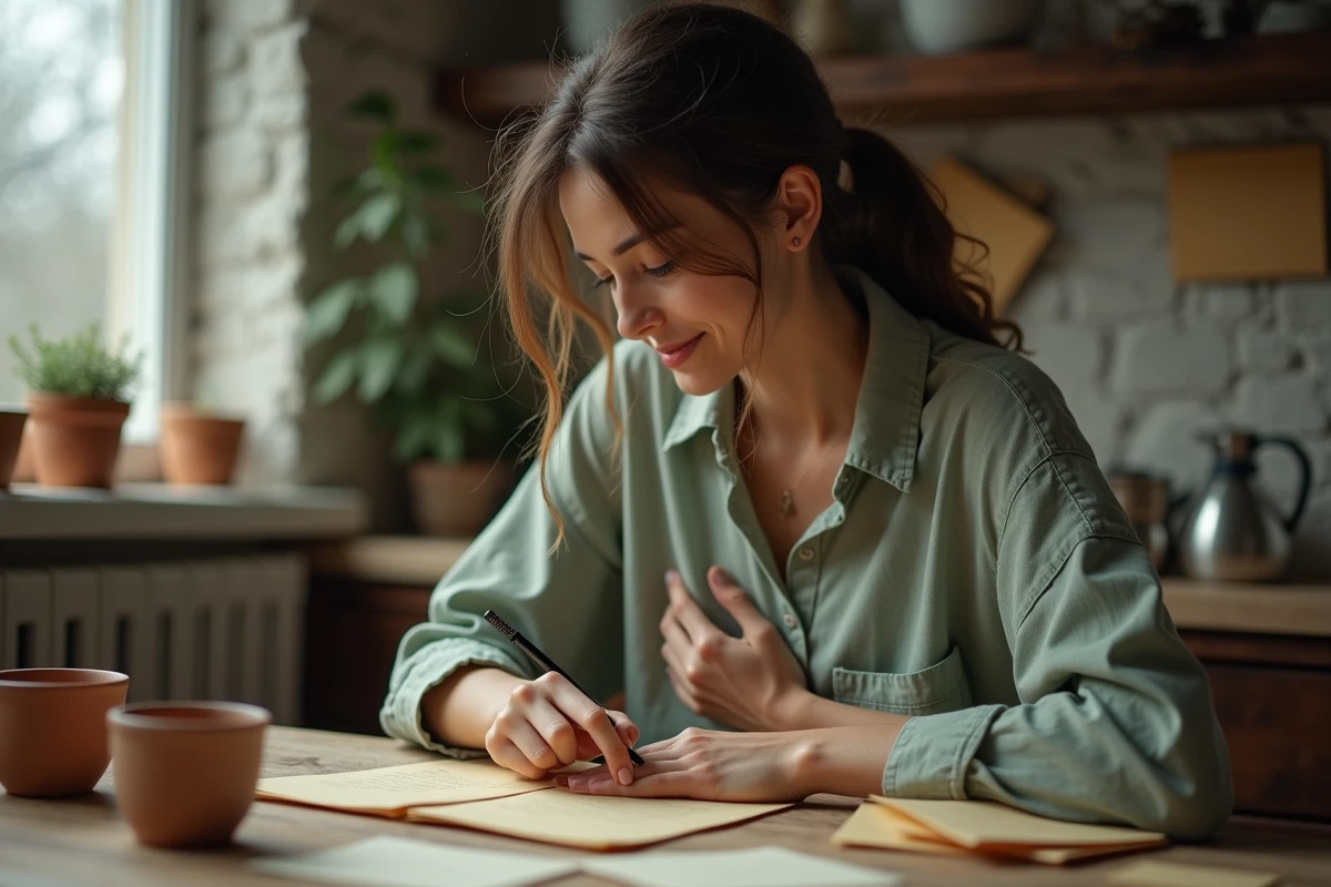 Jeune femme émue lisant un message d'amitié sincère à table dans une cuisine chaleureuse