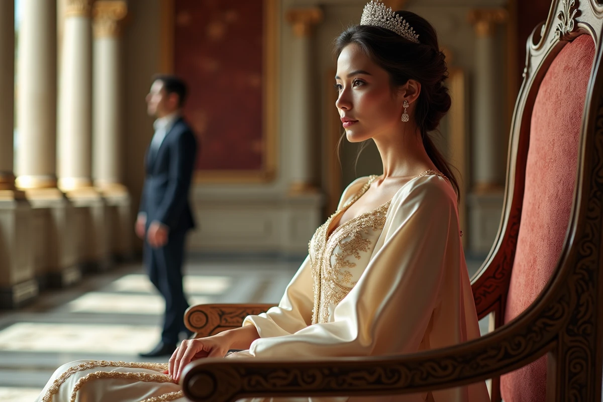 Femme empresse assise sur un trône dans une chambre lumineuse