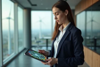 Jeune femme en blazer bleu analysant un diagramme d energie sur une tablette