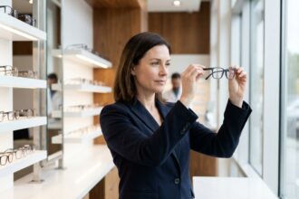 Femme essayant des nouvelles montures de lunettes dans une boutique d'optique moderne lors de la rentrée d'hiver