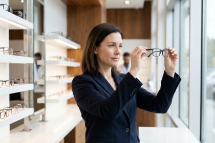 Femme essayant des nouvelles montures de lunettes dans une boutique d'optique moderne lors de la rentrée d'hiver