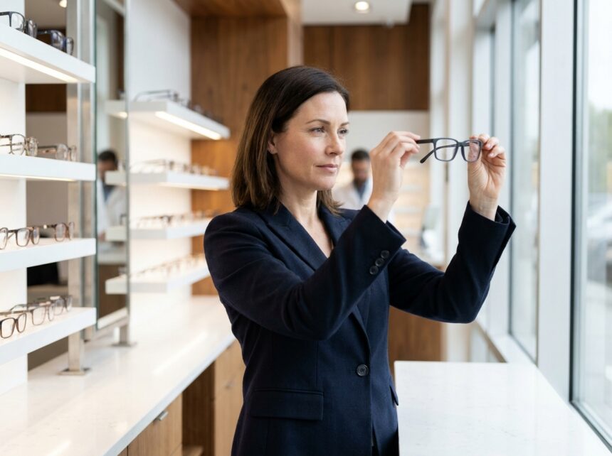 Femme essayant des nouvelles montures de lunettes dans une boutique d'optique moderne lors de la rentrée d'hiver