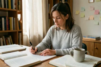 Femme étudiant les expressions françaises 'au vu de' et 'au regard de' dans des livres de grammaire ouverts sur un bureau en bois