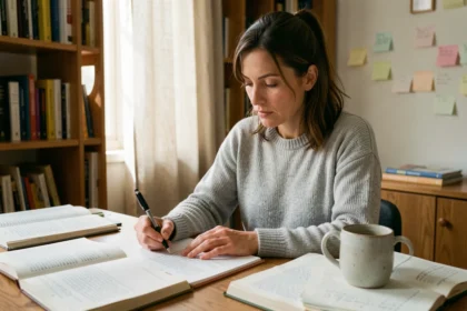 Femme étudiant les expressions françaises 'au vu de' et 'au regard de' dans des livres de grammaire ouverts sur un bureau en bois