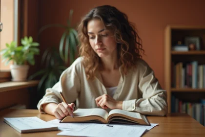 Jeune femme étudiant l'espagnol avec un manuel ouvert et des notes manuscrites sur un bureau en bois