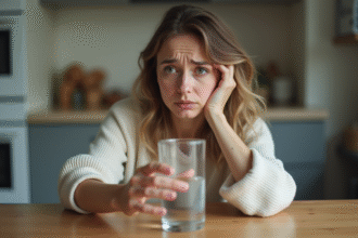 Femme fatiguée buvant de l'eau dans la cuisine en lumière naturelle