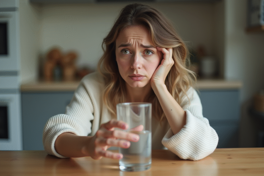 Femme fatiguée buvant de l'eau dans la cuisine en lumière naturelle