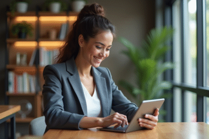 Jeune femme d'affaires utilisant une app fintech au bureau