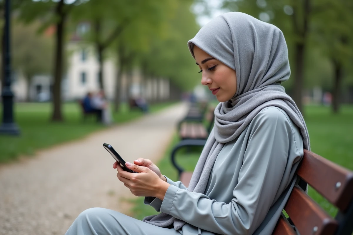 Femme consultant les horaires de prière sur téléphone dans un parc de Livry-Gargan