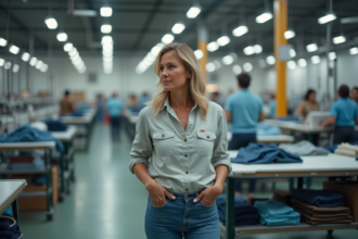 Femme inspectant des vêtements dans une usine textile