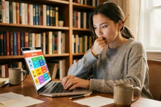 Jeune femme concentrée devant un jeu de devinettes de mots sur ordinateur portable dans un bureau chaleureux