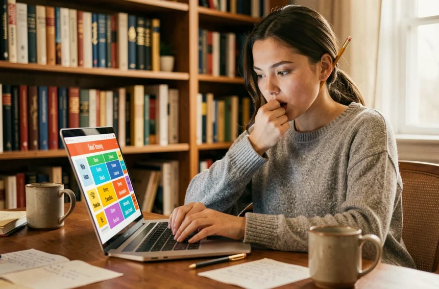 Jeune femme concentrée devant un jeu de devinettes de mots sur ordinateur portable dans un bureau chaleureux