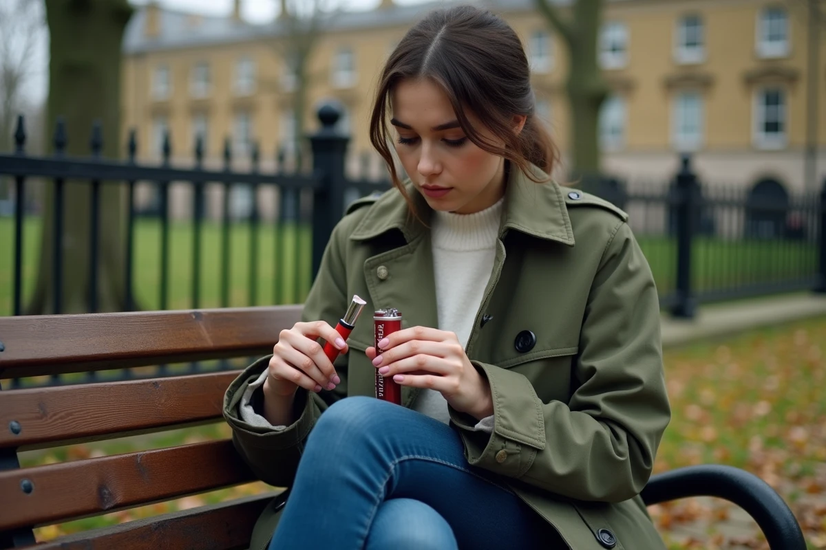 Jeune femme française remplit un lighter dans un parc londonien