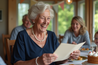 Femme souriante en robe navy lors d'un anniversaire en famille