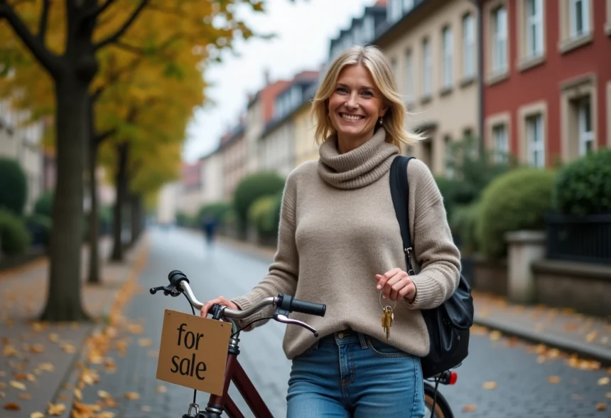 Femme souriante avec clés et vélo vintage à Lyon