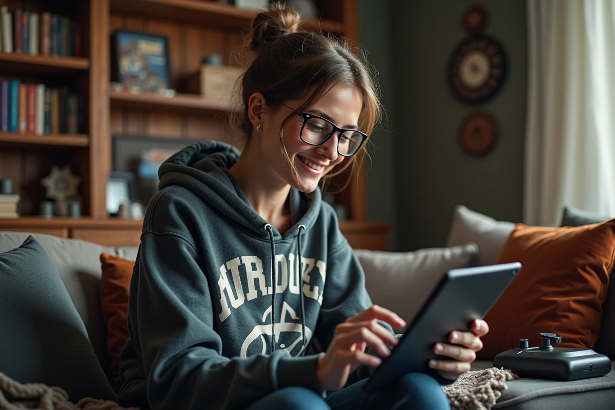 Femme souriante utilisant une tablette dans un univers geek