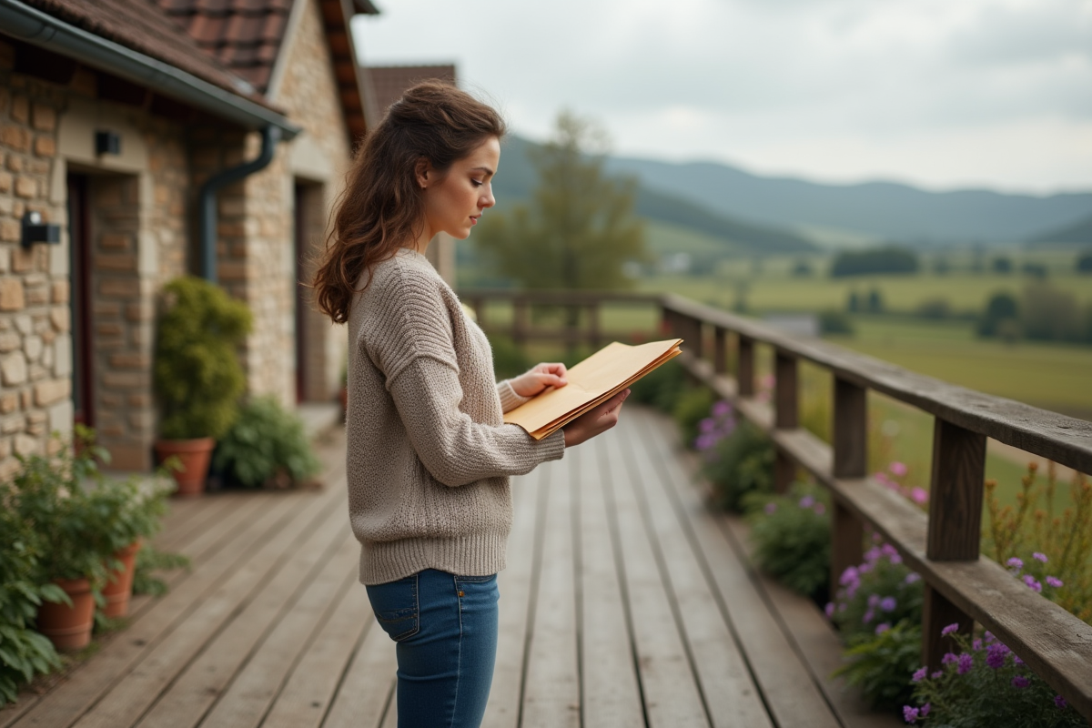 Jeune femme dans la campagne regardant des lettres