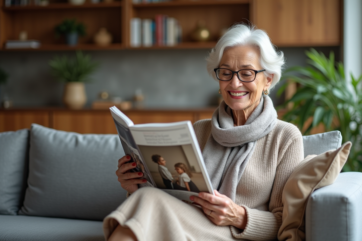 Femme de 60 ans souriante lit un magazine dans son salon