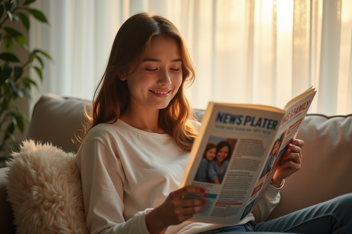 Jeune femme souriante avec journal familial lumineux