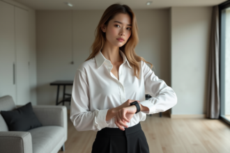 Jeune femme en tenue minimaliste ajustant sa montre dans un salon moderne