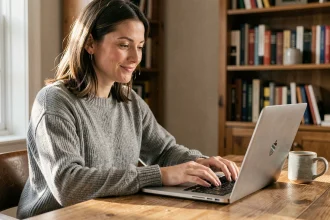 Femme concentrée tapant un mot de passe sur un ordinateur portable dans un bureau à domicile chaleureux
