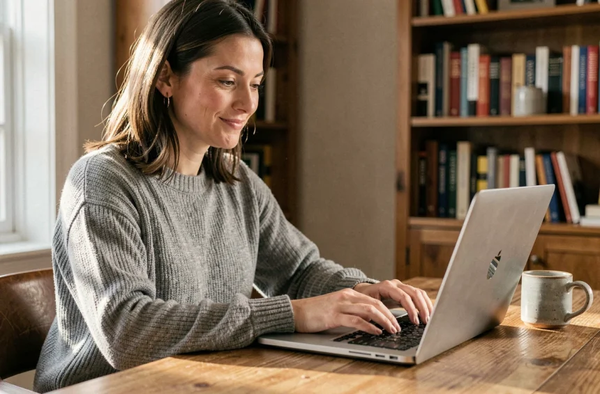 Femme concentrée tapant un mot de passe sur un ordinateur portable dans un bureau à domicile chaleureux