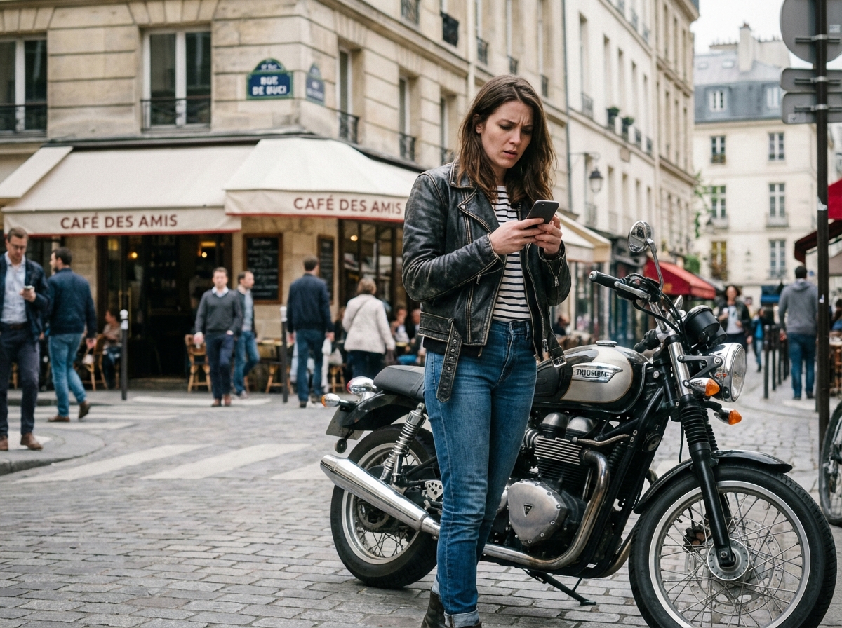 Femme en cuir moto regarde son smartphone en ville