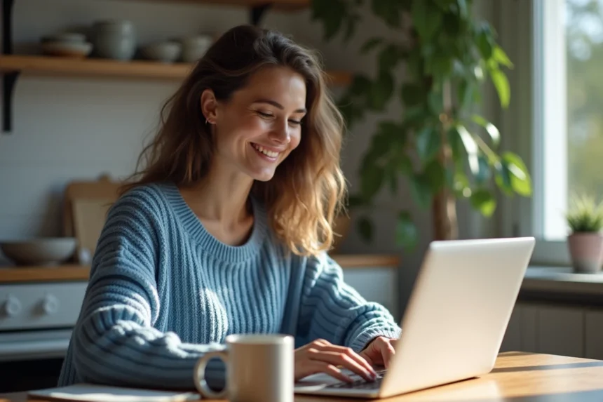 Femme souriante utilisant un ordinateur pour une livraison à domicile