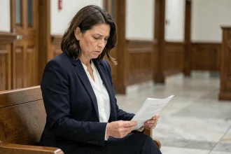 Femme tenant une ordonnance de protection dans un couloir de tribunal, illustrant le non-respect d'une mesure d'éloignement