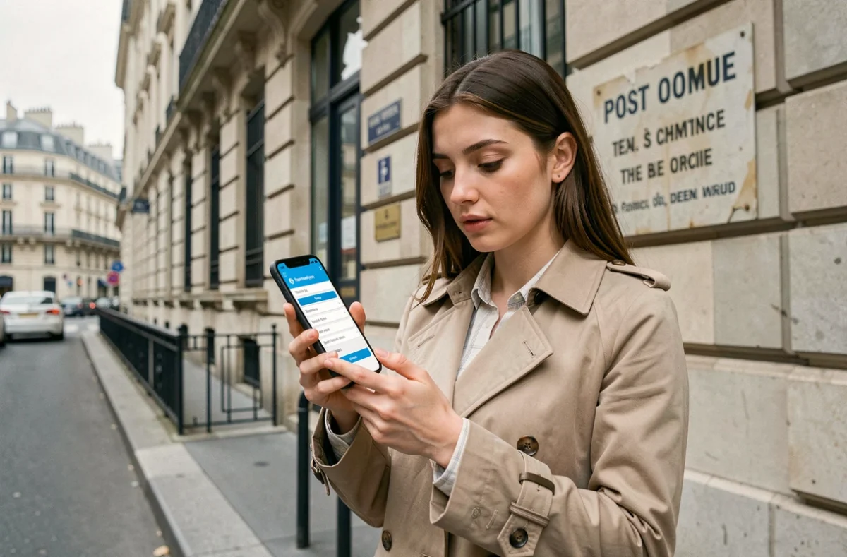 Jeune femme consultant un portail de paiement officiel sur smartphone devant un bâtiment administratif parisien pour régler un PV RATP