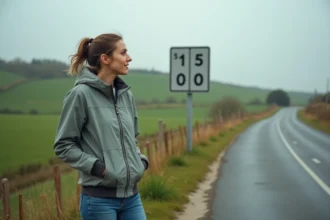 Femme devant un panneau routier indiquant des miles et des kilomètres en campagne française