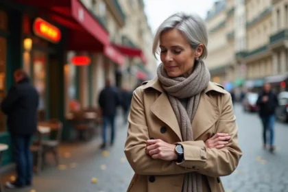 Femme parisienne en trench et foulard près du métro
