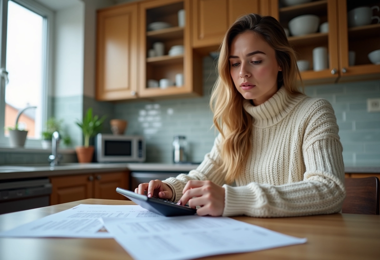Jeune femme regarde des papiers de prêt à la maison