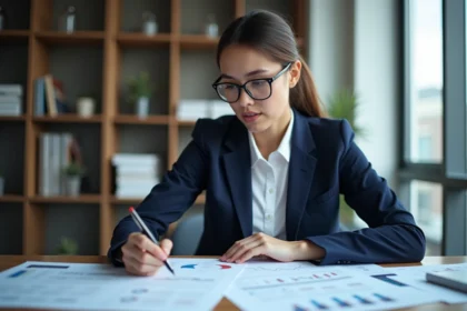 Jeune femme en blazer navy analysant des données de marché