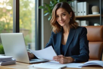 Femme d'affaires dans un bureau moderne en pleine revue de documents
