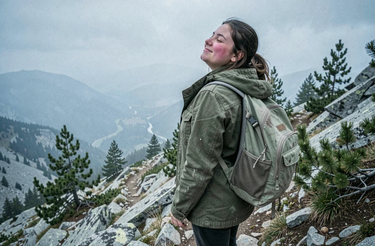 Jeune femme randonneuse seule en montagne, yeux fermés et sourire serein, illustrant la confiance en soi et l'épanouissement personnel dans la solitude