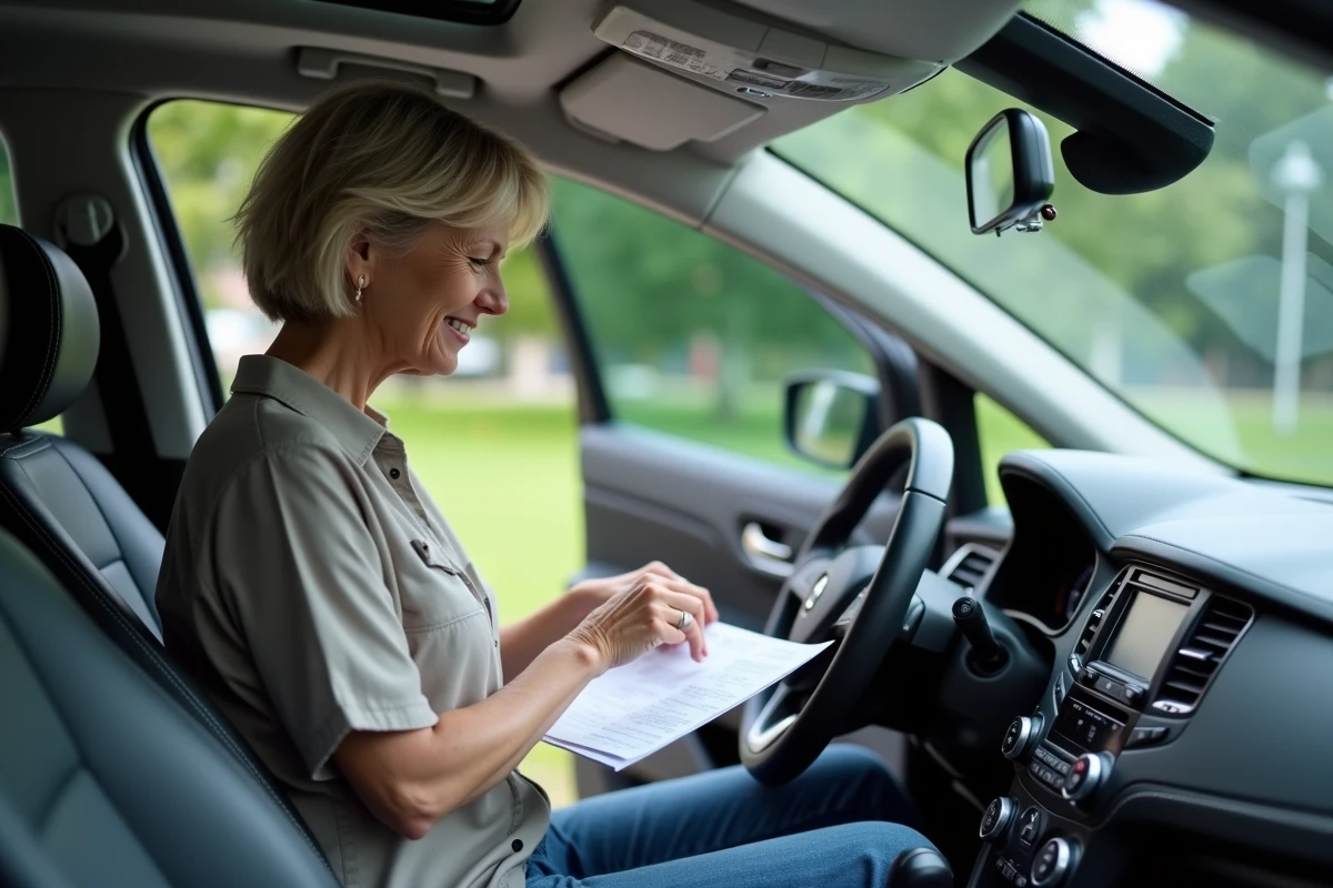 Femme consulte le manuel pour régler la radio de sa voiture