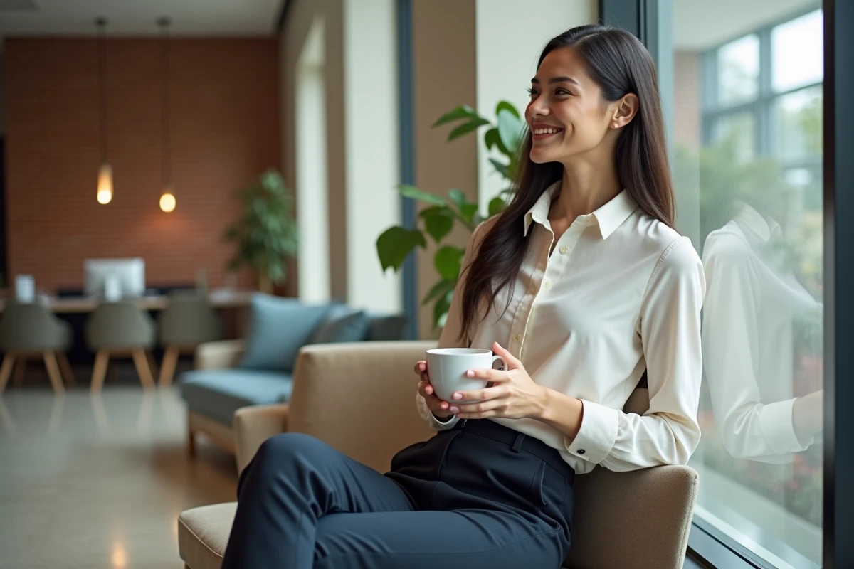 Jeune femme détendue buvant un café dans un espace break