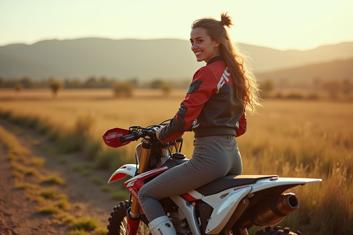 Jeune femme souriante sur une moto 150cc en plein air