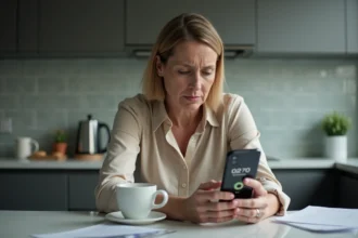 Femme d'âge moyen fâchée regardant son smartphone avec appel inconnu