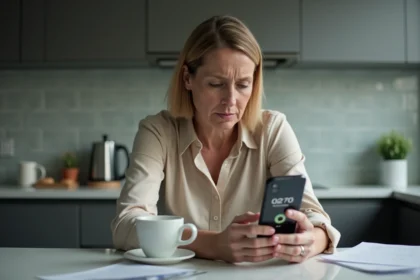 Femme d'âge moyen fâchée regardant son smartphone avec appel inconnu