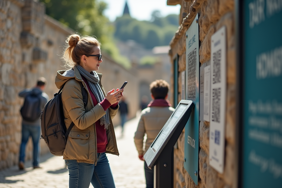 Femme utilisant son smartphone pour scanner un QR code touristique