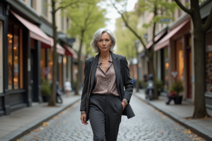 Femme de 60 ans élégante marche dans une ville chic