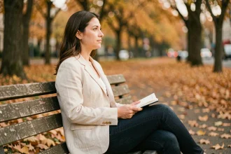 Femme seule assise sur un banc de parc en automne, tenant un journal, symbole de solitude et confiance en soi
