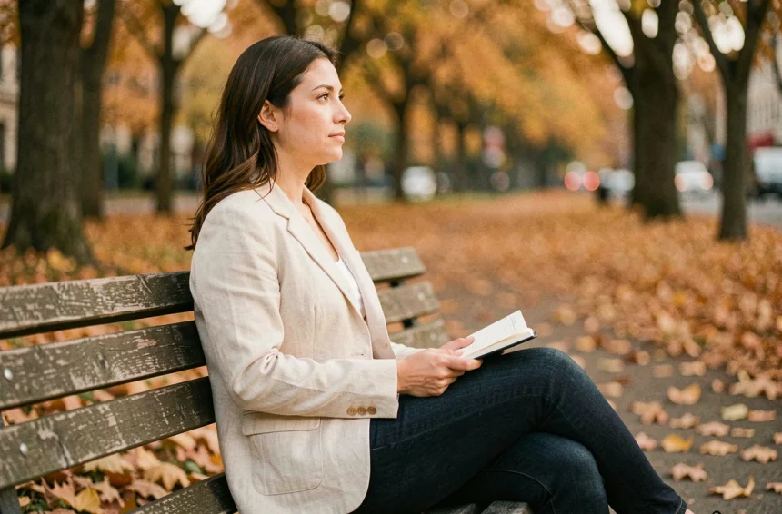 Femme seule assise sur un banc de parc en automne, tenant un journal, symbole de solitude et confiance en soi