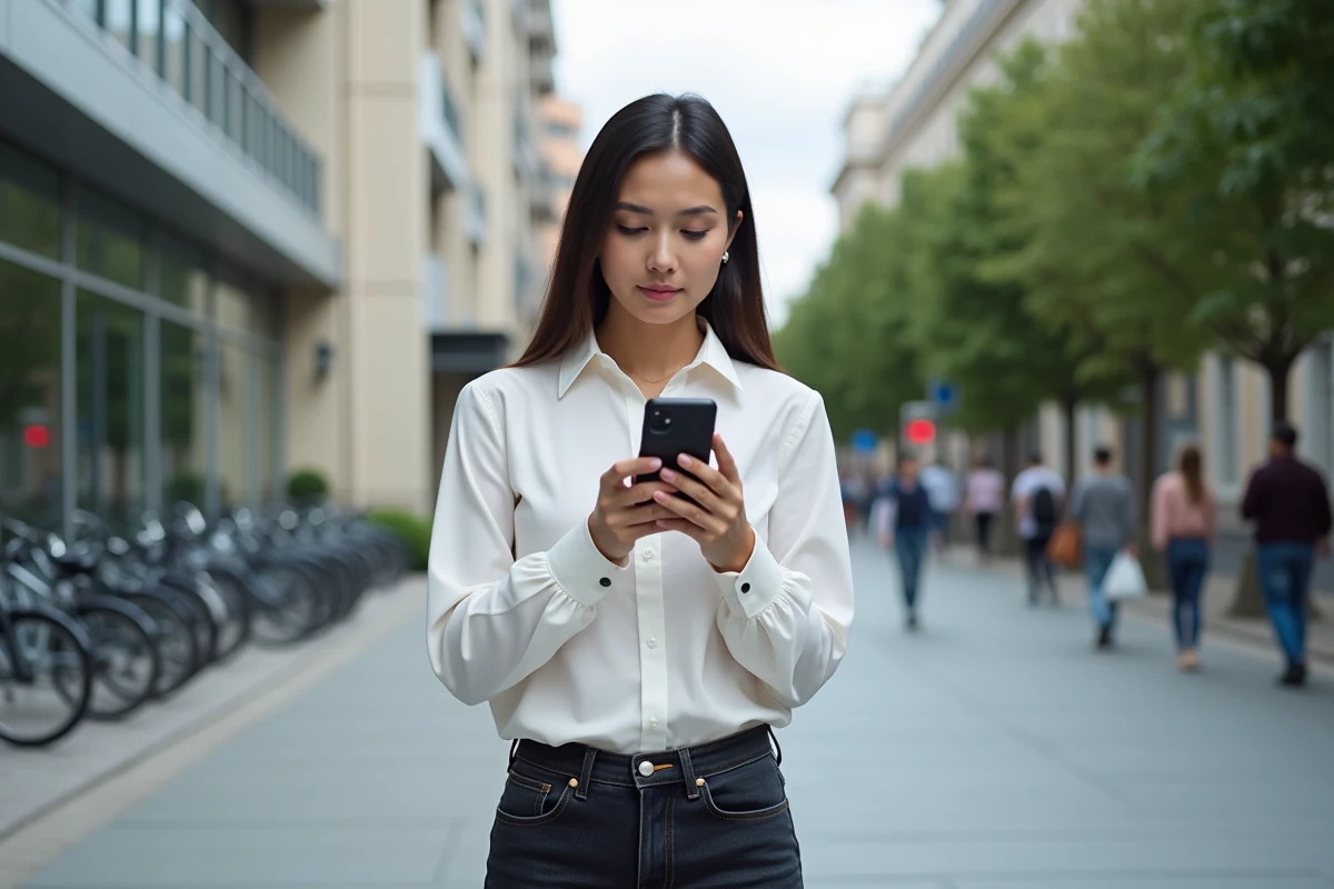 Jeune femme cherchant des informations sur son smartphone en ville