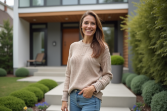 Femme souriante devant maison moderne de banlieue