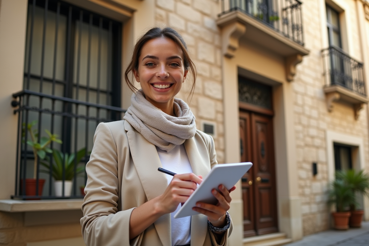Jeune femme souriante tenant un calculateur devant une maison espagnole
